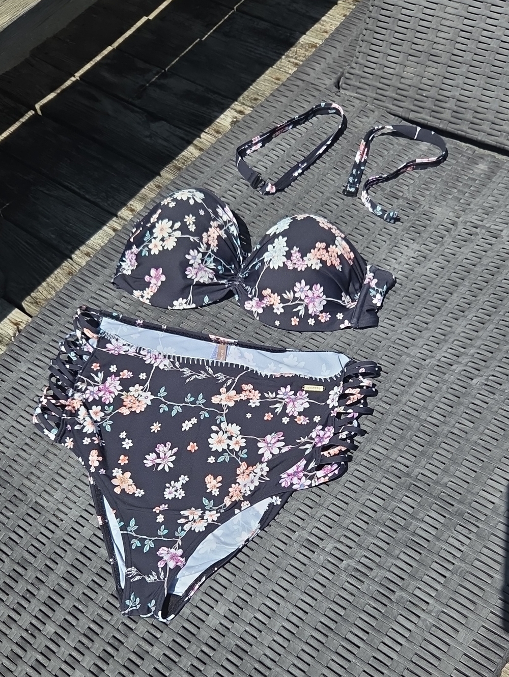 Black Floral High-Waist Bikini Set with Removable Straps